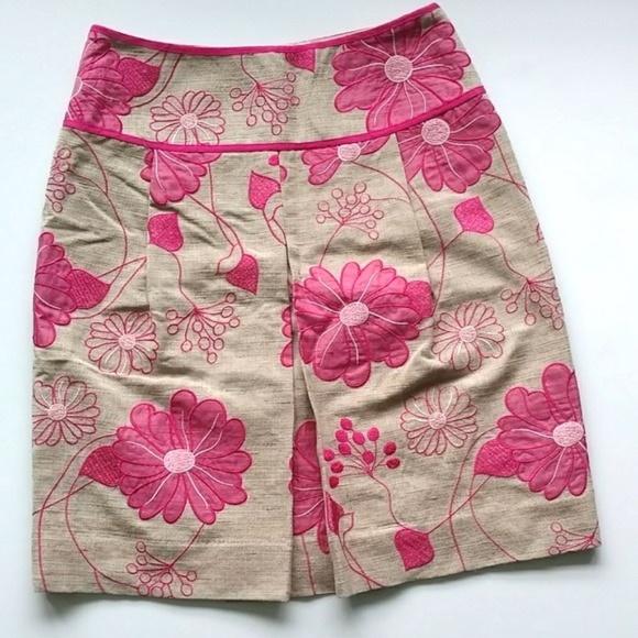 Etcetera Dresses & Skirts - Etcetera Tan Silk Skirt Pink Embroidered Flowers 2